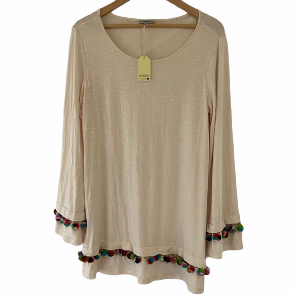 JODIFL Tops - JODIFL Bell Sleeve Tunic with Pom Pom trim